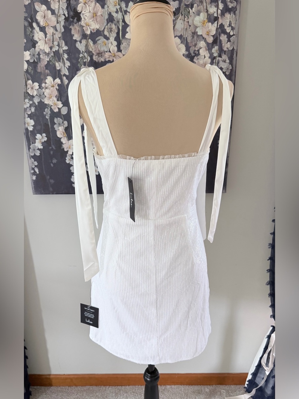 NWT Lulus White Sequin Tie-Shoulder Sweetheart Mini Dress Medium - Picture 7 of 12